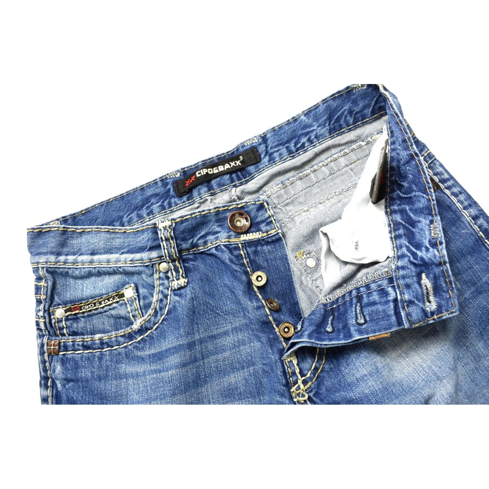 Vintage Cipo & Baxx C-688 Men's Jeans Tapered W30/L32 Button Regular Fit Blue Distressed Whiskers Size US 30 / EU 46 - 5 Thumbnail
