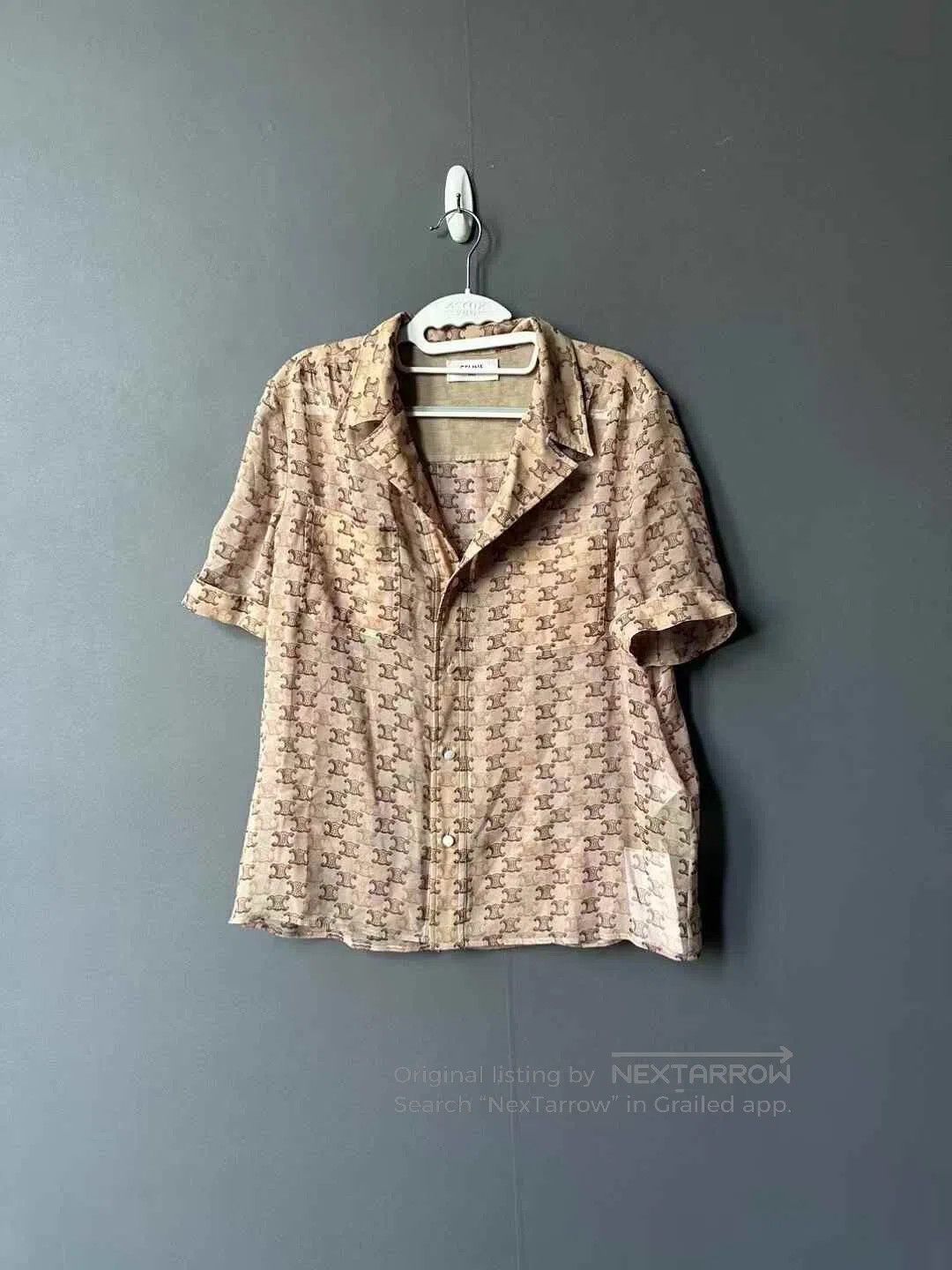 Celine CELINE Light Khaki All-Over Print Silk Short Sleeve Shirt| Size US XXS / EU 40 - 1 Thumbnail