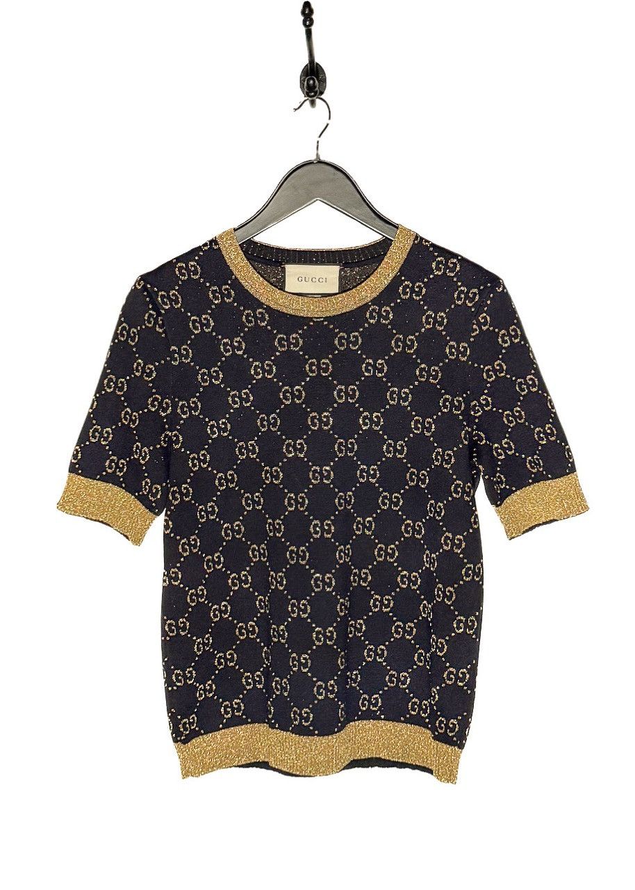 Gucci Gucci Navy Blue Cotton Lamé GG Jacquard Knit Top Size L / US 10 / IT 46 - 1 Thumbnail