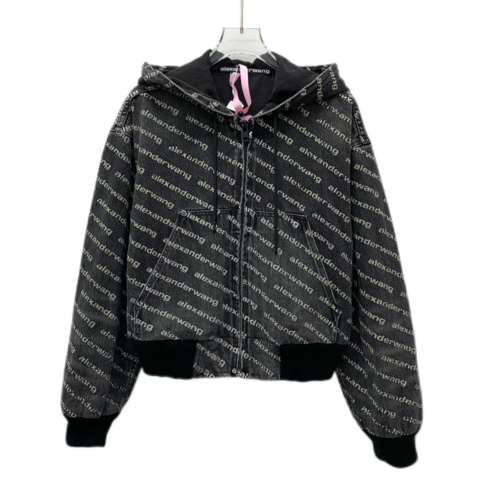 Alexander Wang Black & Gray Logo Print Cotton Hooded Zipper