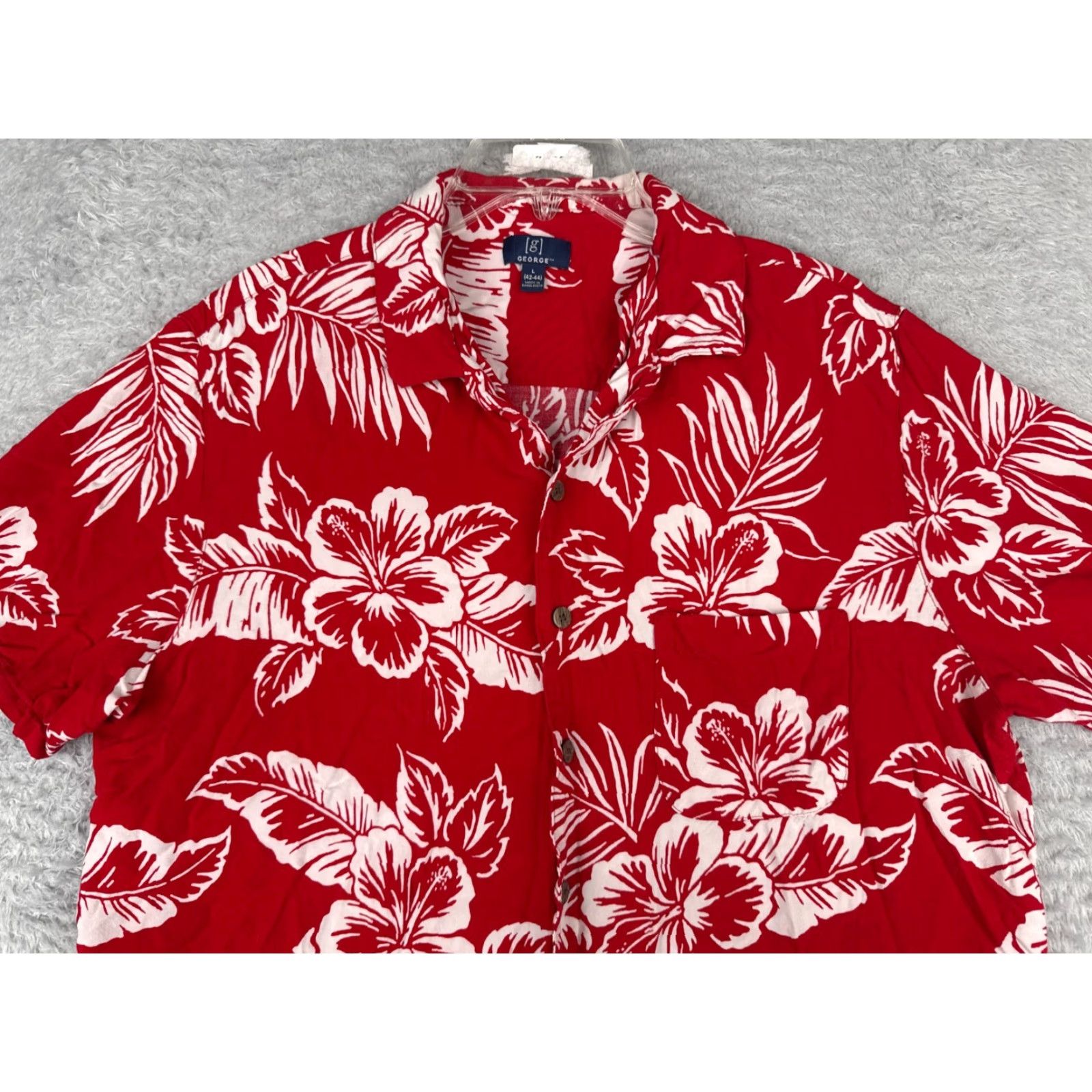 George George Shirt Adult Large Red White Floral Palm Button Up Hawaiian 100% Rayon Size US L / EU 52-54 / 3 - 4 Thumbnail