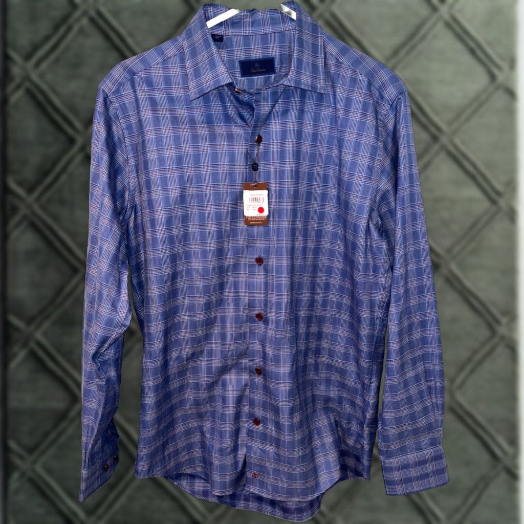 David Donahue David Donahue Dobby Fine Check Dress Shirt Navy Blue M Mens Button-Up Collar Shirt Multicolor Twill Long Sleeve Regular Fit Size 40R - 1 Thumbnail