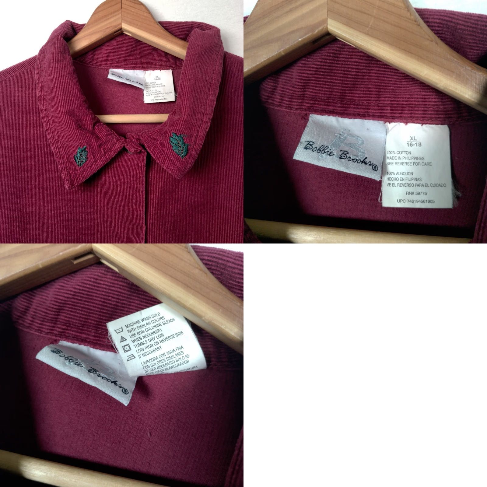 Vintage VINTAGE Bobbie Brooks Shirt XL Button-Up Embroidered Leaf Maroon Corduroy Women's Nature Size XL / US 12-14 / IT 48-50 - 8 Thumbnail