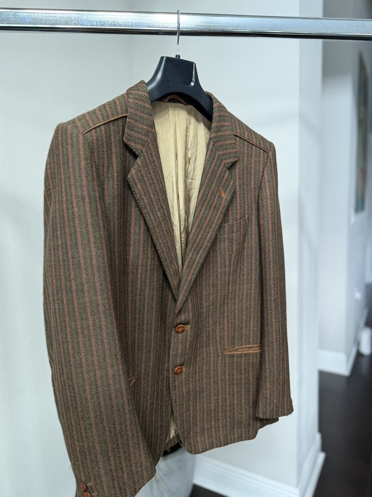 Yves Saint Laurent Vintage YSL Blazer Brown Herringbone Wool Leather Buttons IT Size 44S - 4 Thumbnail