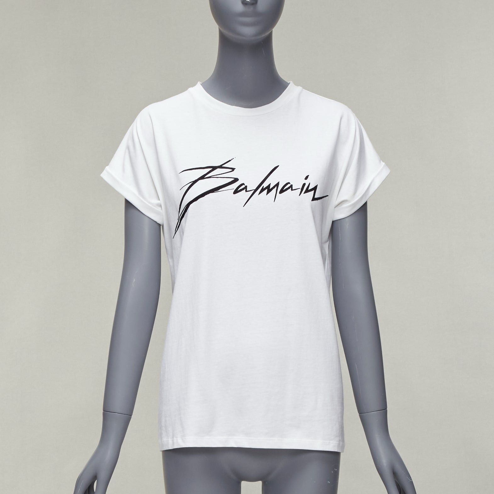 image of Balmain Black Signature Logo Velvet Print Cuffed Sleeve White Tshirt Fr34 Xs, Women's