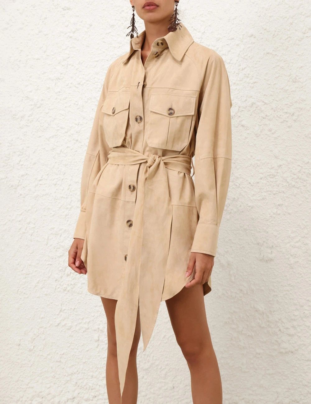 Zimmermann oc11z0226 Illuminate Suede Mini Dress In Sand Size L / US 10 / IT 46 - 2 Thumbnail