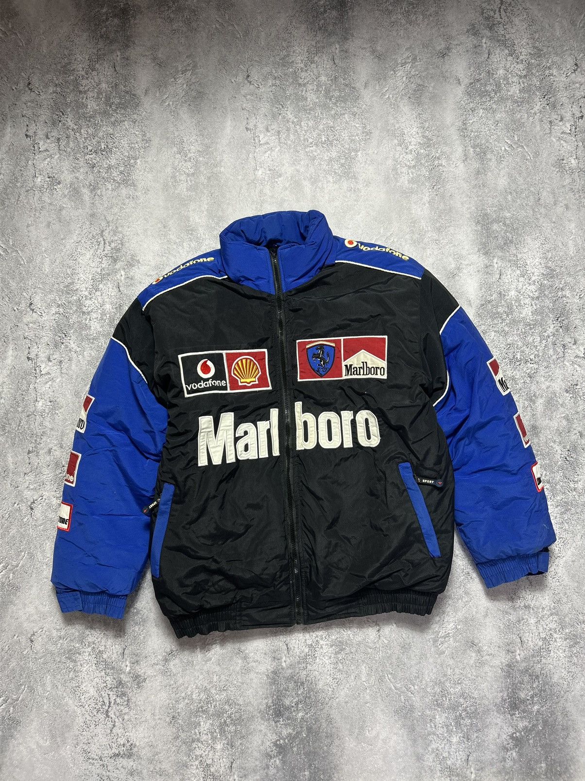 image of Vintage Racing Jacket Ferrari Marlboro Big Logo Blue 1996 in Black, Men's (Size Large)