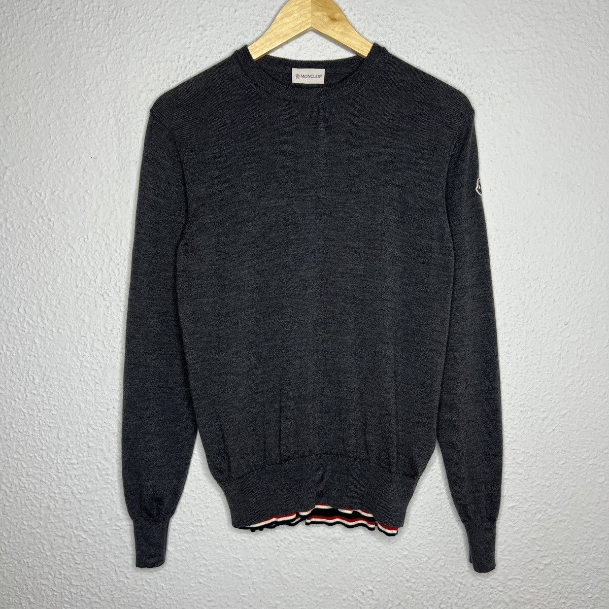 image of Designer Moncler Maglione Tricot Girocollo 3M Patch Logo Wool Sweater in Dark Gray (Size Medium)