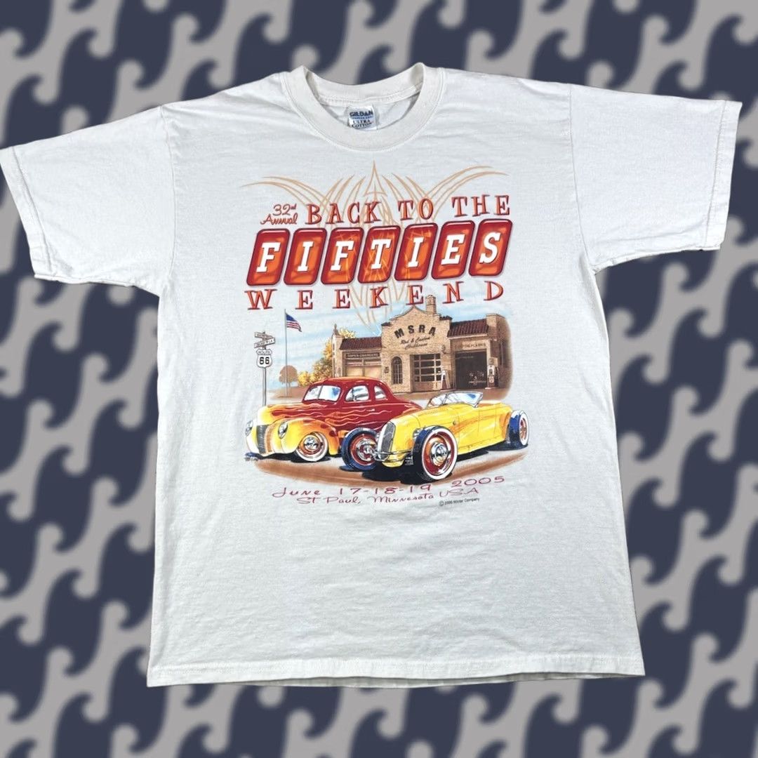Gildan VINTAGE Back To The Fifties Weekend Hot Rod Show Shirt Size L Saint Paul Minnesota Men 2005 Size US L / EU 52-54 / 3 - 1 Thumbnail
