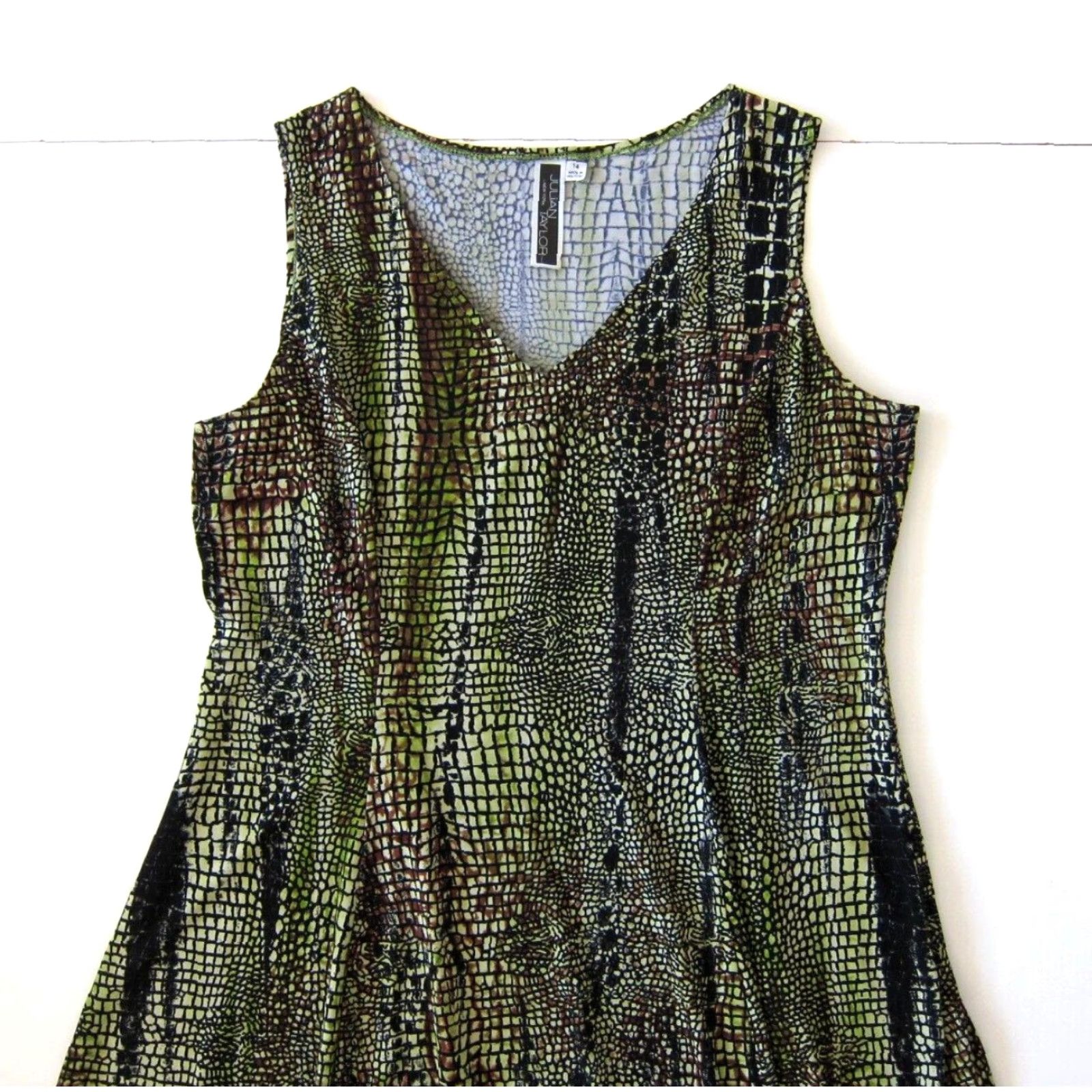 Vintage Julian Taylor New York Snake Print Sleeveless Shift Dress 14 Green Black Brown Size XL / US 12-14 / IT 48-50 - 7 Thumbnail