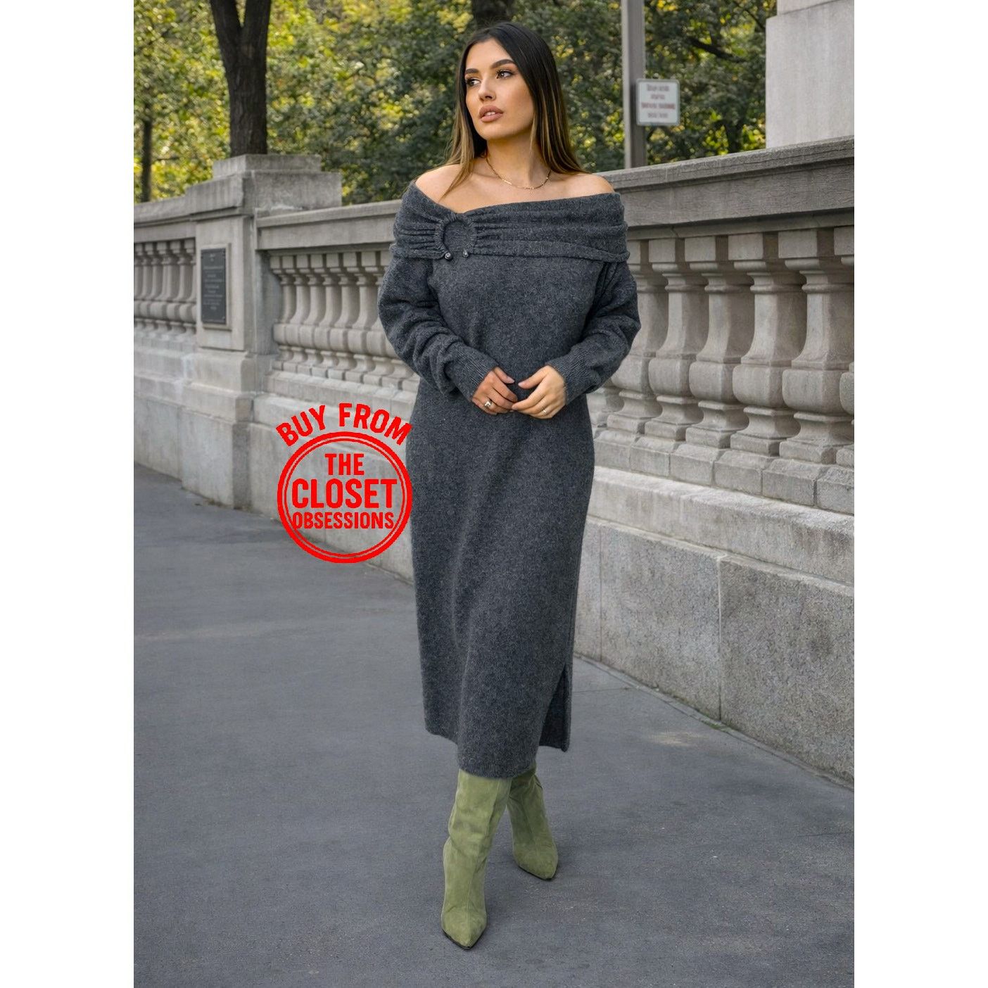 ZARA Gray Off-Shoulder Knit Midi Dress NWT - ilac.rochib.com