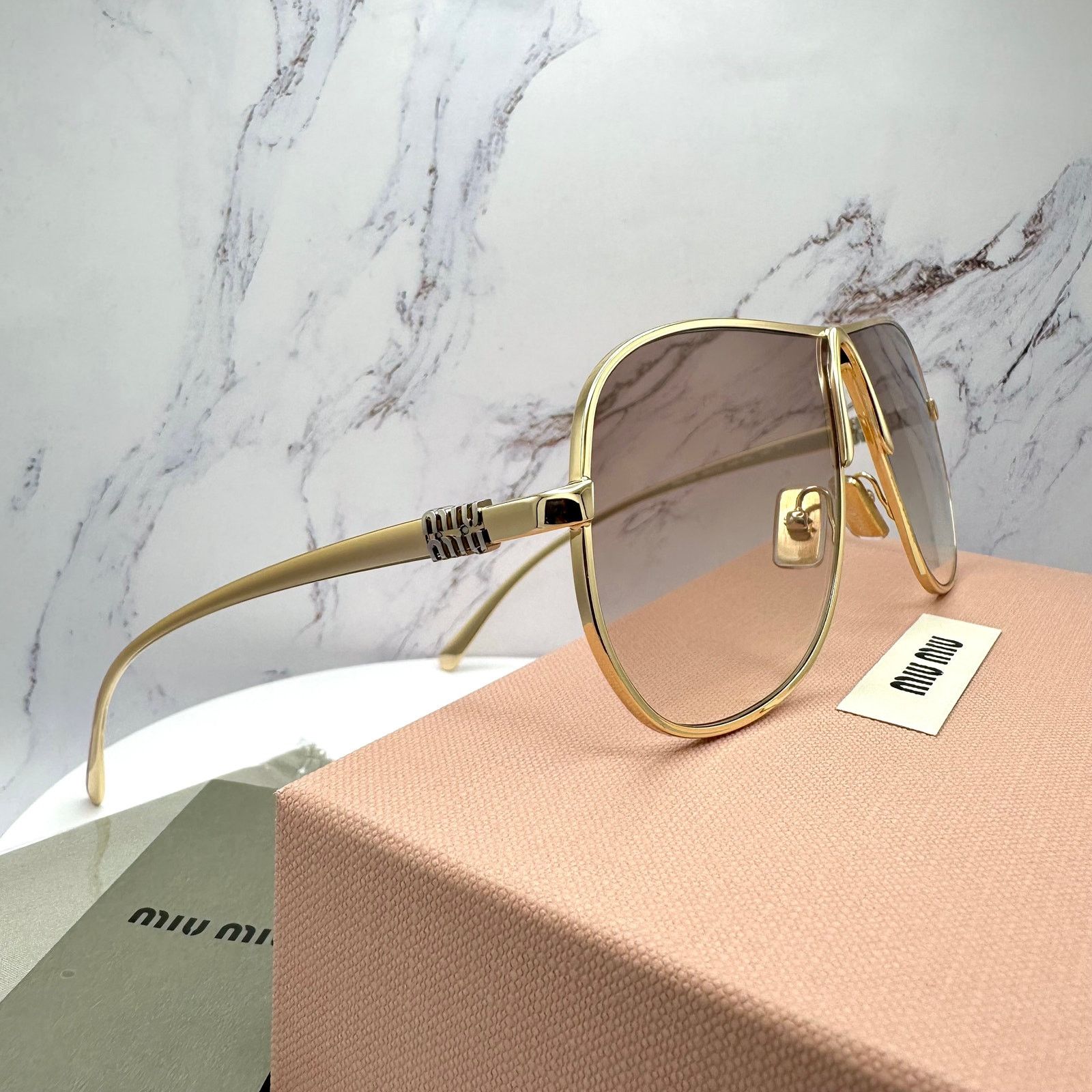 Miu Miu New MIU MIU Sunglasses Gold Brown Gradient Metal Aviator Size ONE SIZE - 7 Thumbnail