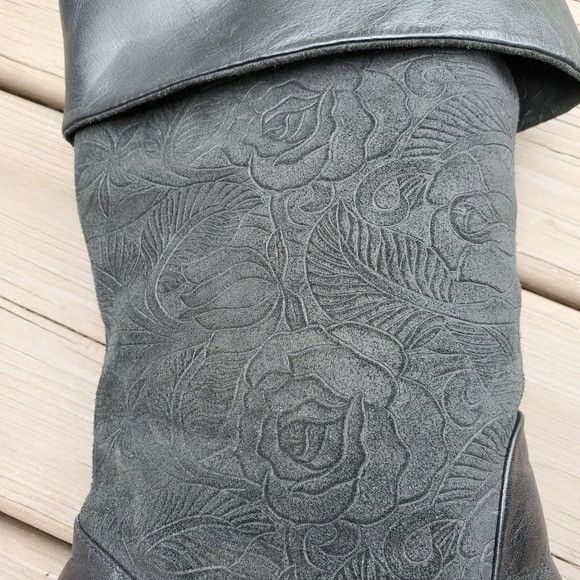 Vintage Vintage 90s y2k Black Floral Leather Fold Over Chunky Boots Size US 8.5 / IT 38.5 - 5 Thumbnail