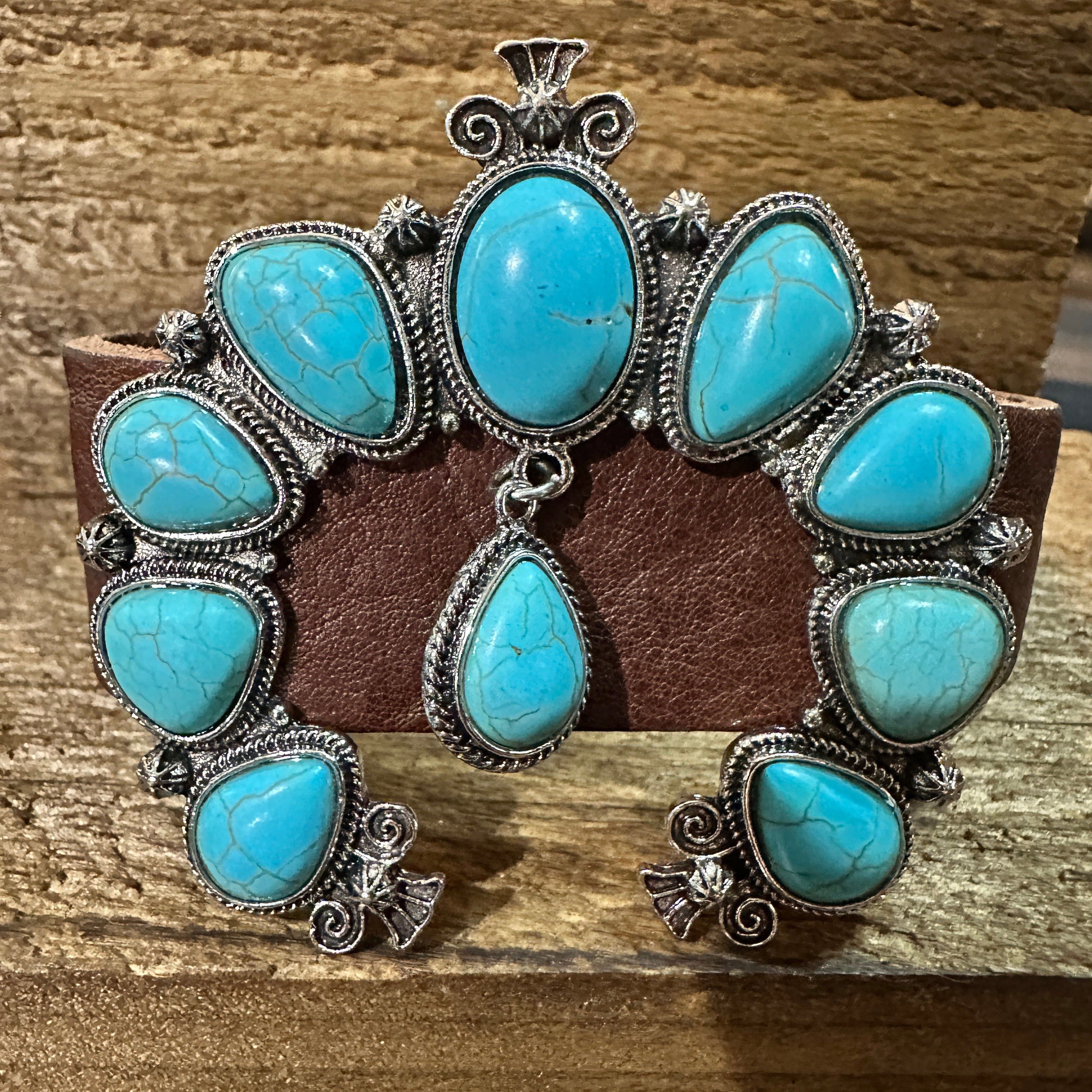 Other Brown Leather Bracelet with Large Blue Turquoise Blossom Des Size ONE SIZE - 1 Thumbnail
