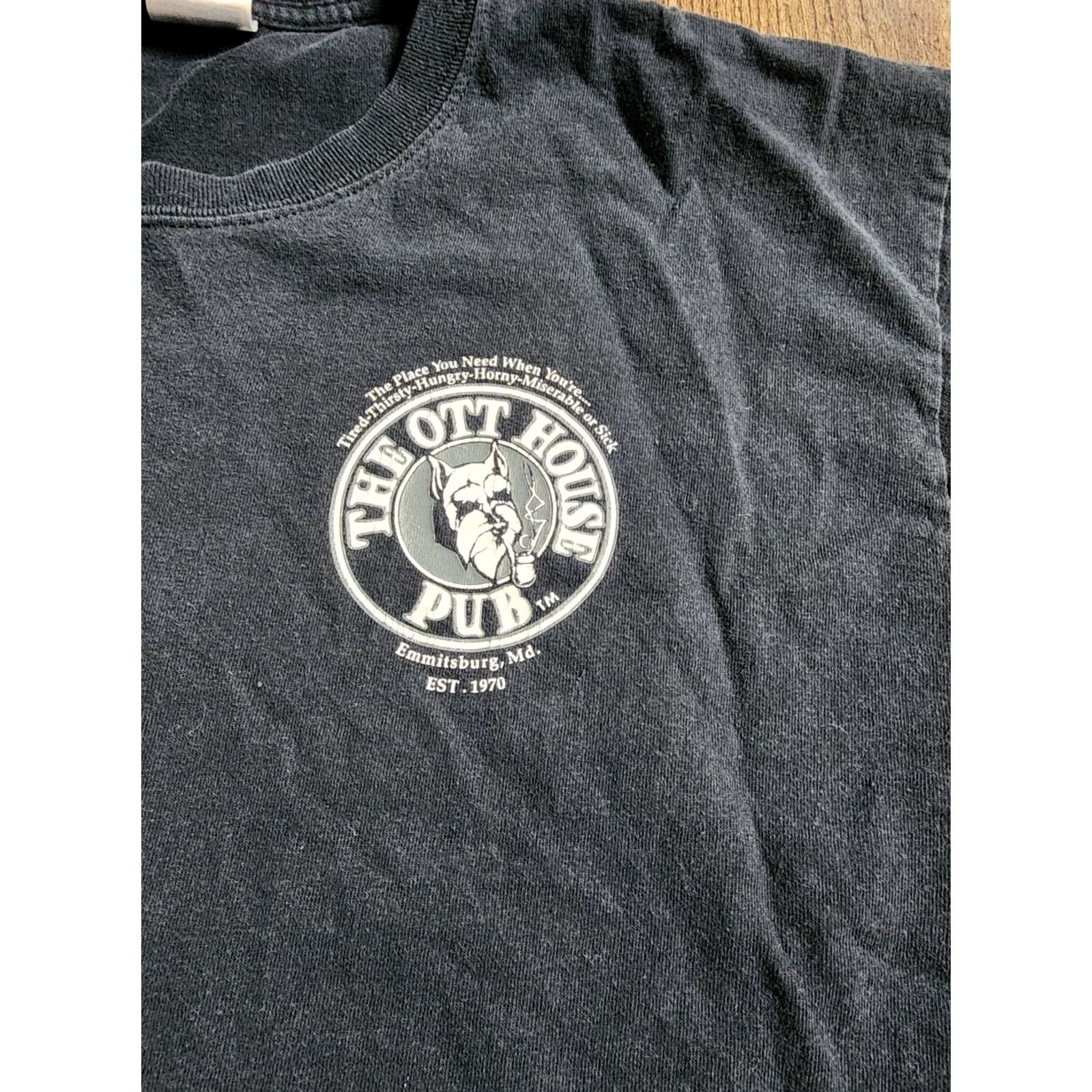 Gildan Mens L Gildan The Ott House Pub Emmitsburg MD Funny T Shirt Double Sided Distressed Black Cotton Crew Neck Short Sleeve USA 2000s Size US L / EU 52-54 / 3 - 4 Thumbnail