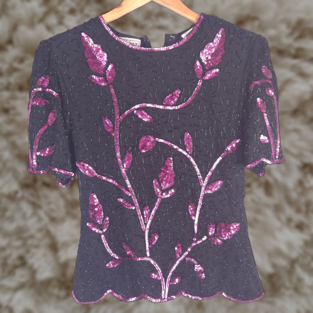 Vintage Stenay Shirt Womens Medium Black Silk Beaded Sequin Floral Top 90s