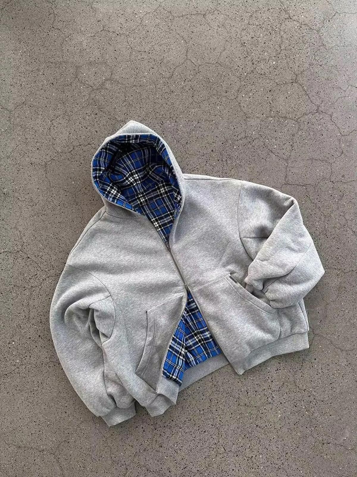 Japanese Brand Gray Hoodie with Blue Plaid Lining Size US L / EU 52-54 / 3 - 4 Thumbnail