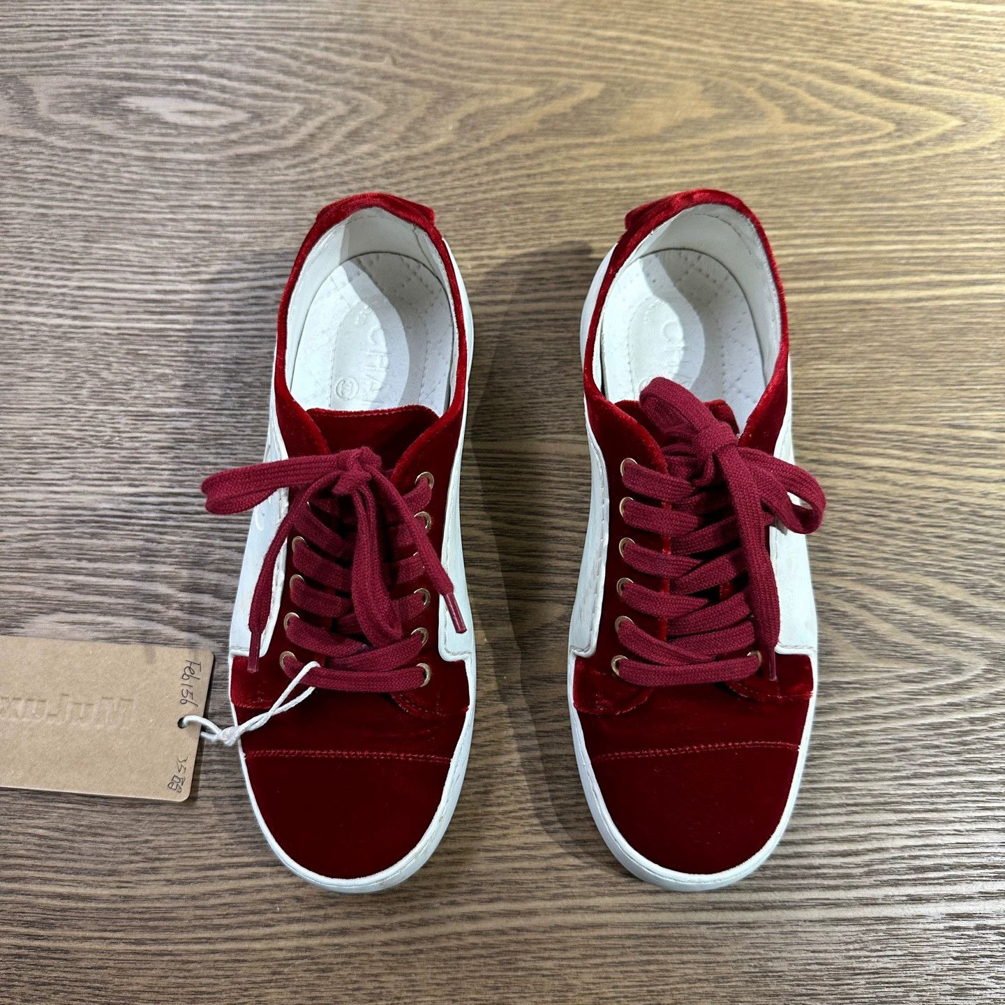 Chanel Chanel feb156 velvet red-white logo sneakers women's Size US 4 / IT 34 - 2 Thumbnail