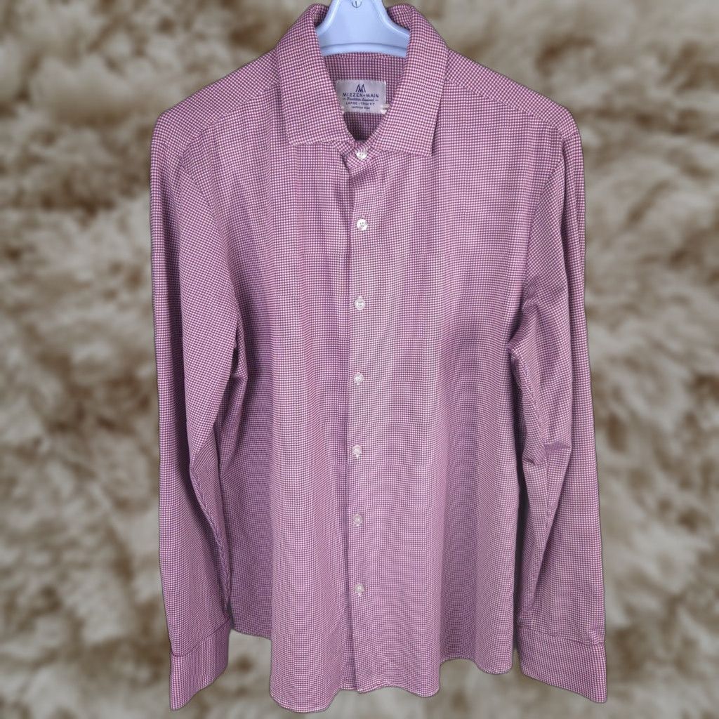 Mizzen Main Mizzen+Main Dress Shirt Mens Large Pink Gingham Trim Fit Non Iron American (Size 42R)