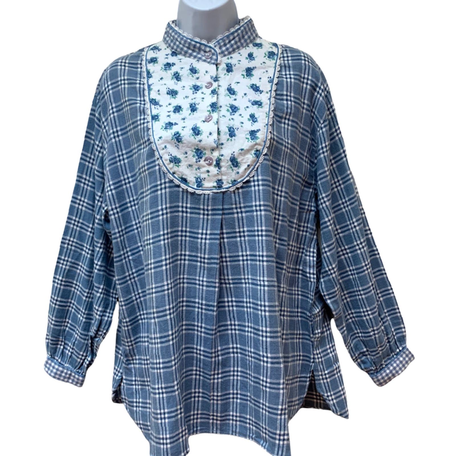 Vintage Vtg Cotton Flannel Plaid Nightshirt Nightgown M Prairie Modest Made USA Gilligan O'Malley Blue 44 Chest M Regular Womens? Mens? Size M / US 6-8 / IT 42-44 - 2 Thumbnail