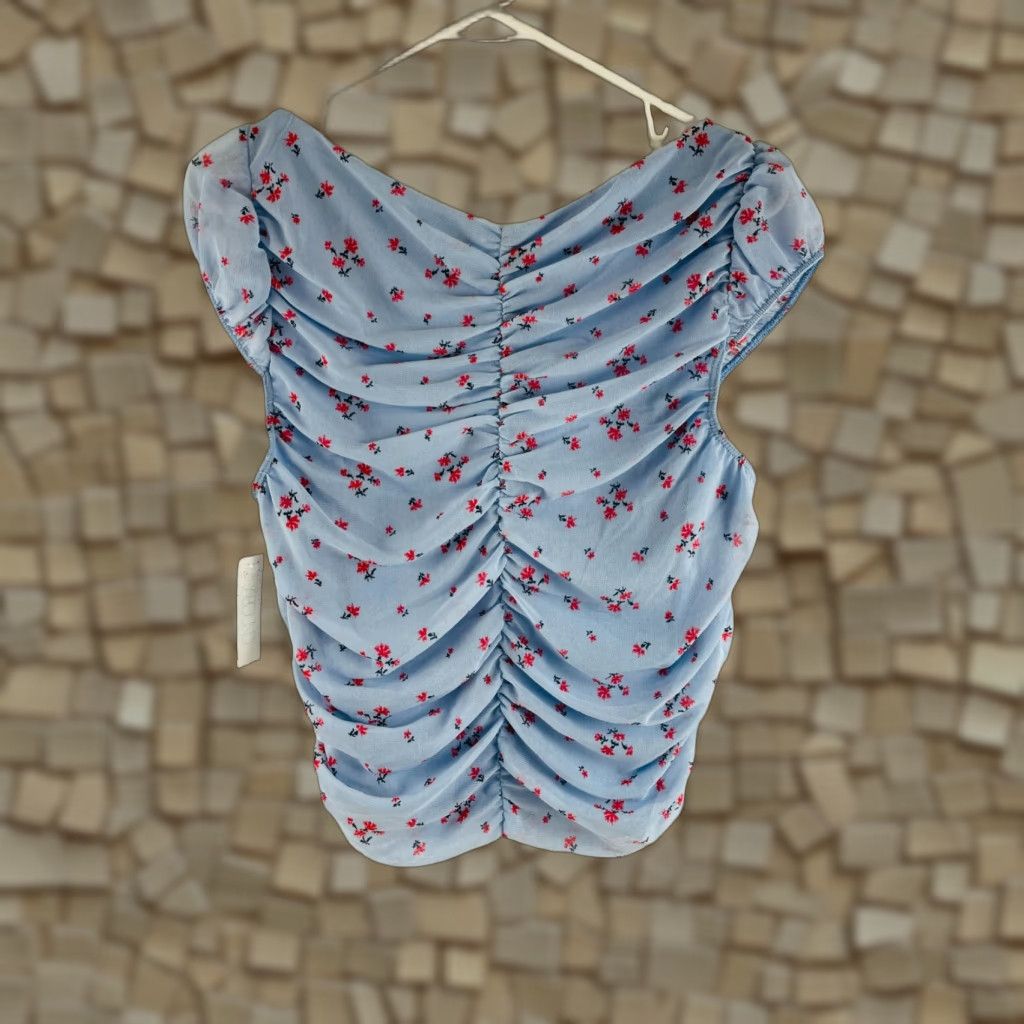Vintage ABOUND Crop Top Women’s XL Blue Floral Puff Sleeve Ruched Square Neck NWT Size XL / US 12-14 / IT 48-50 - 1 Thumbnail