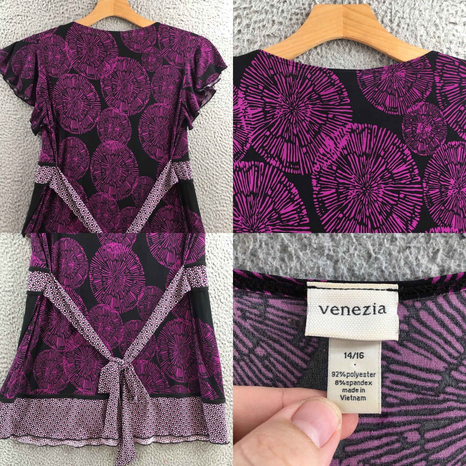 Vintage Venezia Tunic Top Women 14/16 Black Purple Short Sleeve Square Neck Empire Waist Blouse Shirt Size XL / US 12-14 / IT 48-50 - 8 Thumbnail