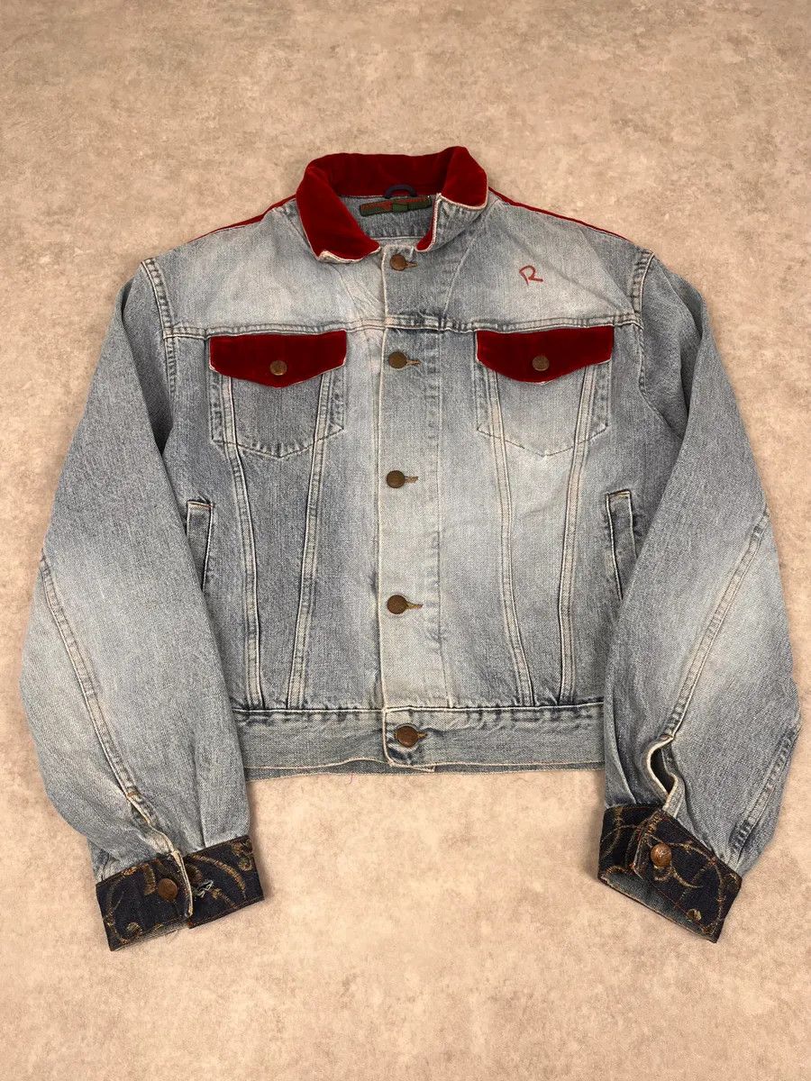 Katharine Hamnett London 1980s Katherine Hamnett Blue Denim Floral Jacket with Red Velvet Size US M / EU 48-50 / 2 - 1 Thumbnail