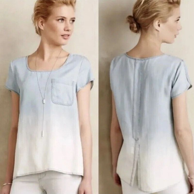 Anthropologie ANTHROPOLOGIE Blue Chambray Ombre Denim Tee Shirt Blouse Top Size S / US 4 / IT 40 - 9 Thumbnail