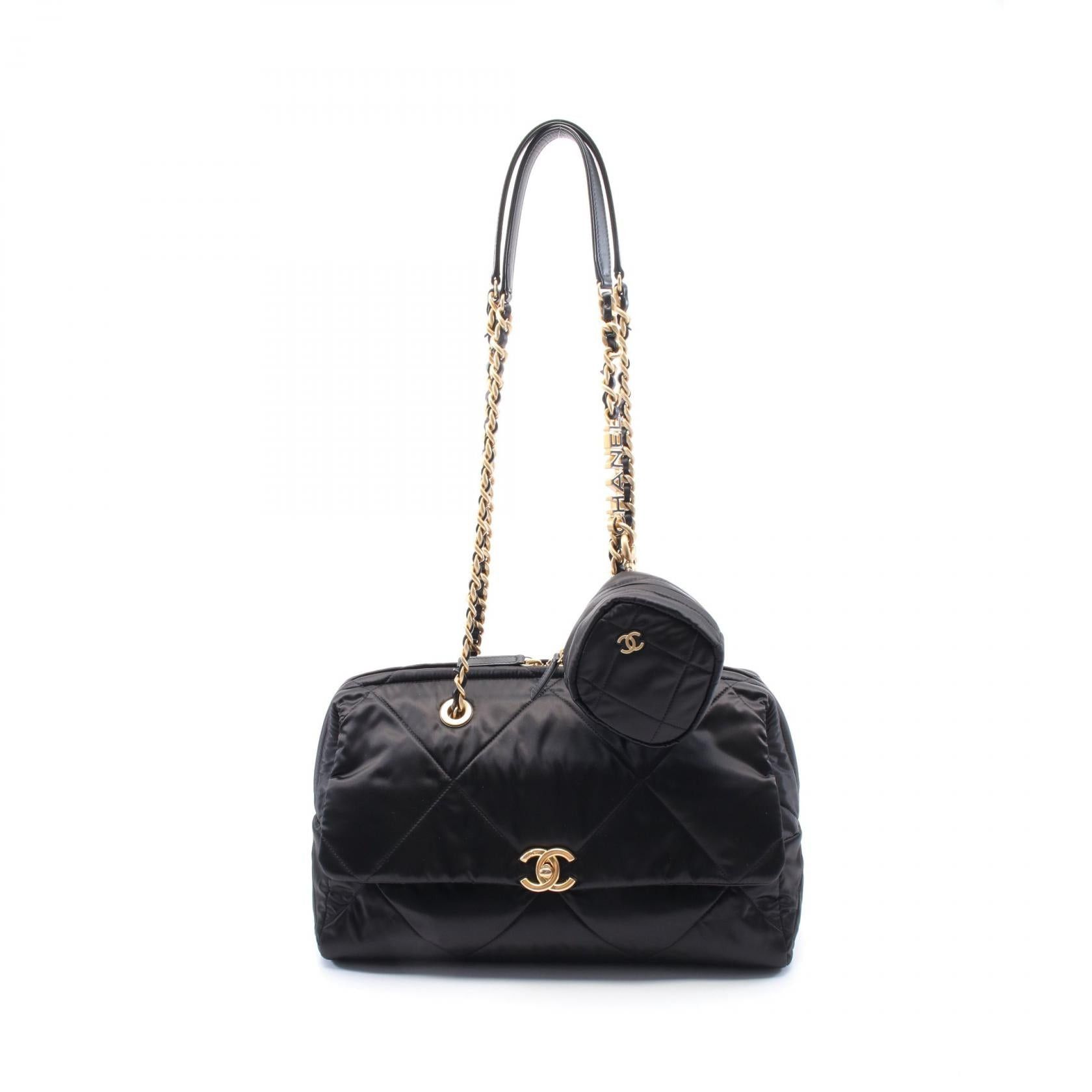 Chanel Matelasse Large Bowling Bag Chain Shoulder Nylon Leather Black Gold Hardware, Women's