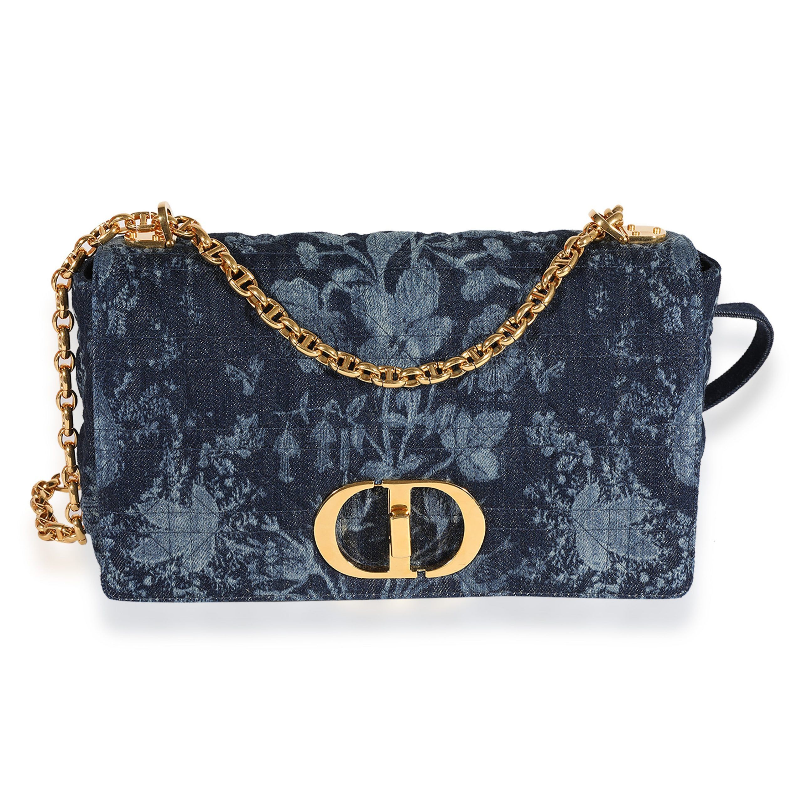 image of Dior Blue Floral Denim Large Caro Chain Bag in Black, Women's