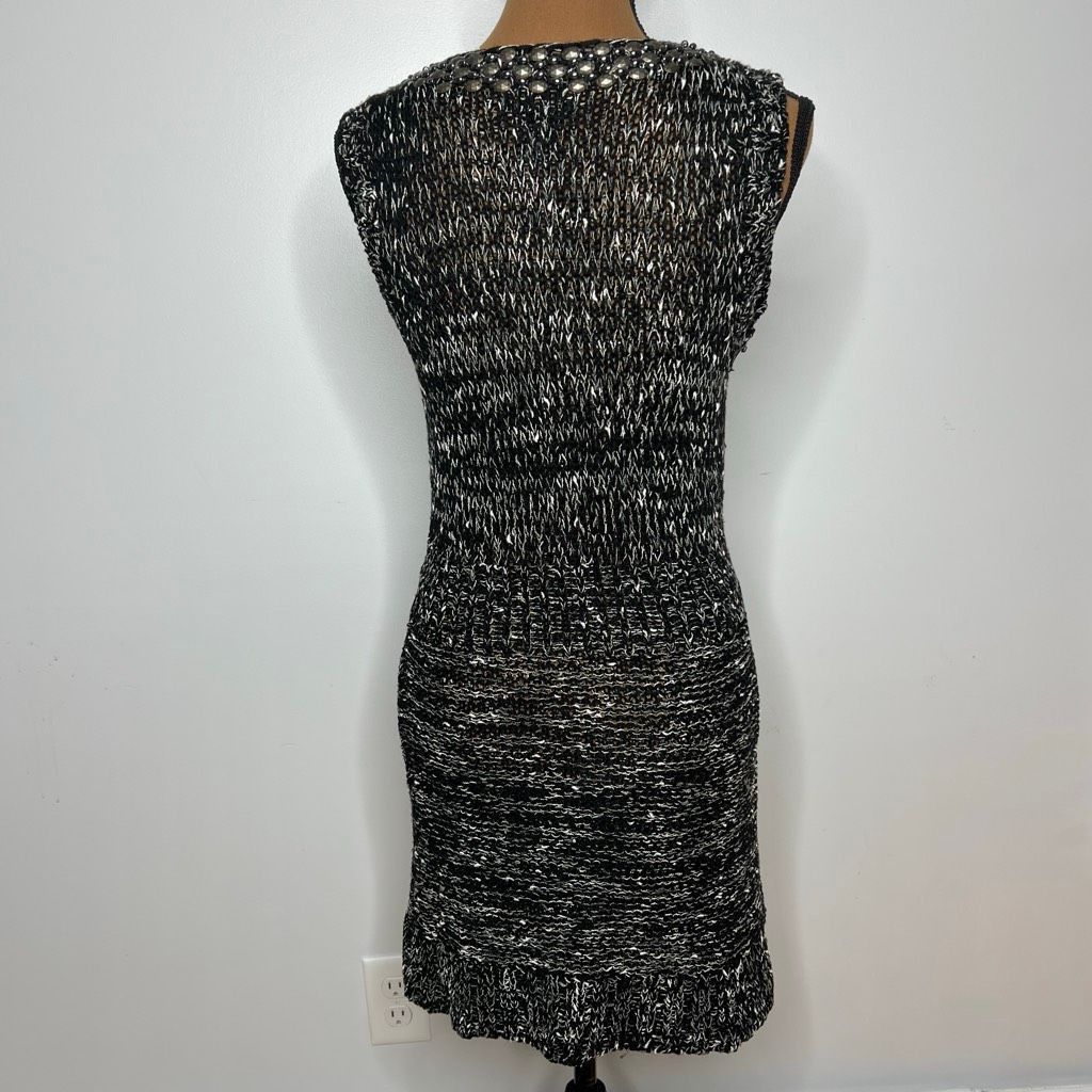 BCBGMaxazria Black Gray Beaded Loose Knit Beachy Sweater Dress, Women’s Medium