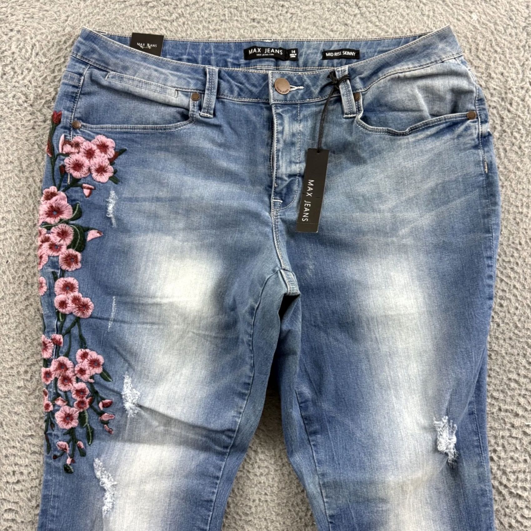 Denime Max Jeans Womens 14 Blue Mid Rise Skinny Denim Floral Embroidered Outdoor NWT Size 36" / US 14 / IT 50 - 3 Thumbnail