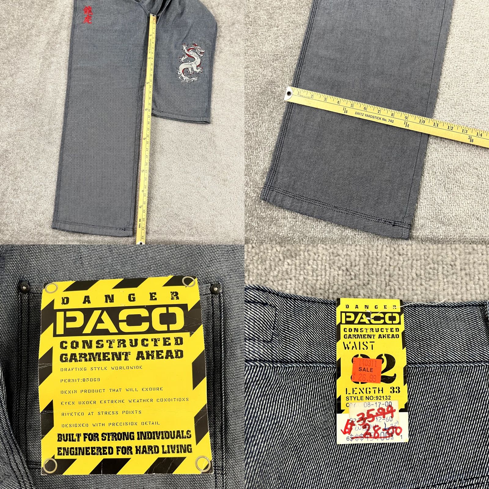 Vintage VINTAGE PACO Jeans Men’s 32x33 Denim Straight Fit Embroidered Dragon Tiger 90s Hip Hop Skater Blue Size US 32 / EU 48 - 8 Thumbnail