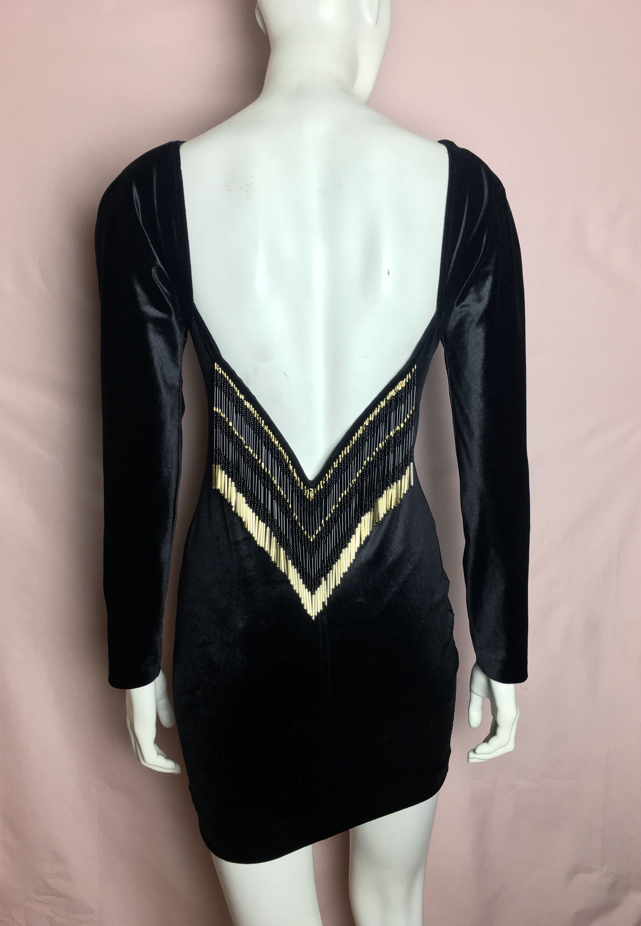 Vintage Vintage Ritmo di Perla Black Velvet Dress V-Back Gold Fringe Size L / US 10 / IT 46 - 6 Thumbnail