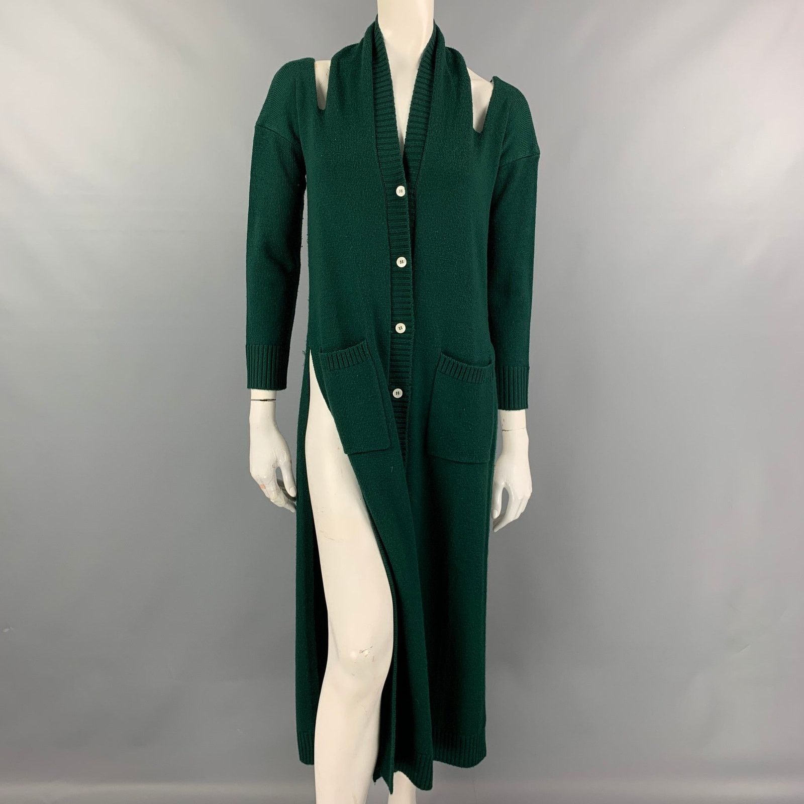 MONSE Green Knitted Merino Wool Open-Back Halterneck Long Cardigan Size XS / US 0-2 / IT 36-38 - 2 Thumbnail