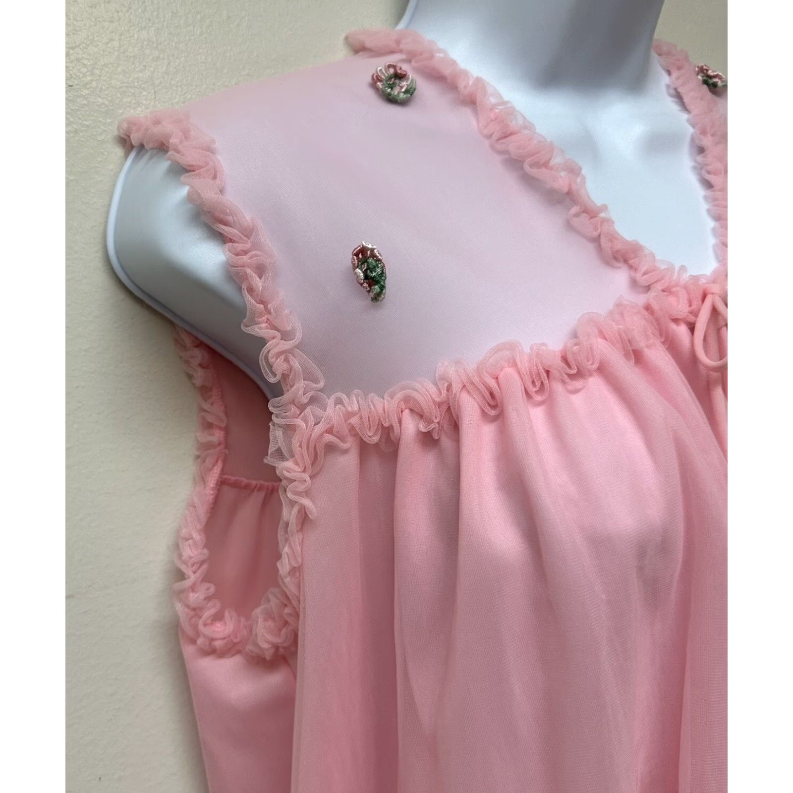 Vintage VINTAGE Nightgown Nylon Tricot Lace Double Layer Sheer Chiffon Overlay Size M Pink Nightgown Size ONE SIZE - 4 Thumbnail