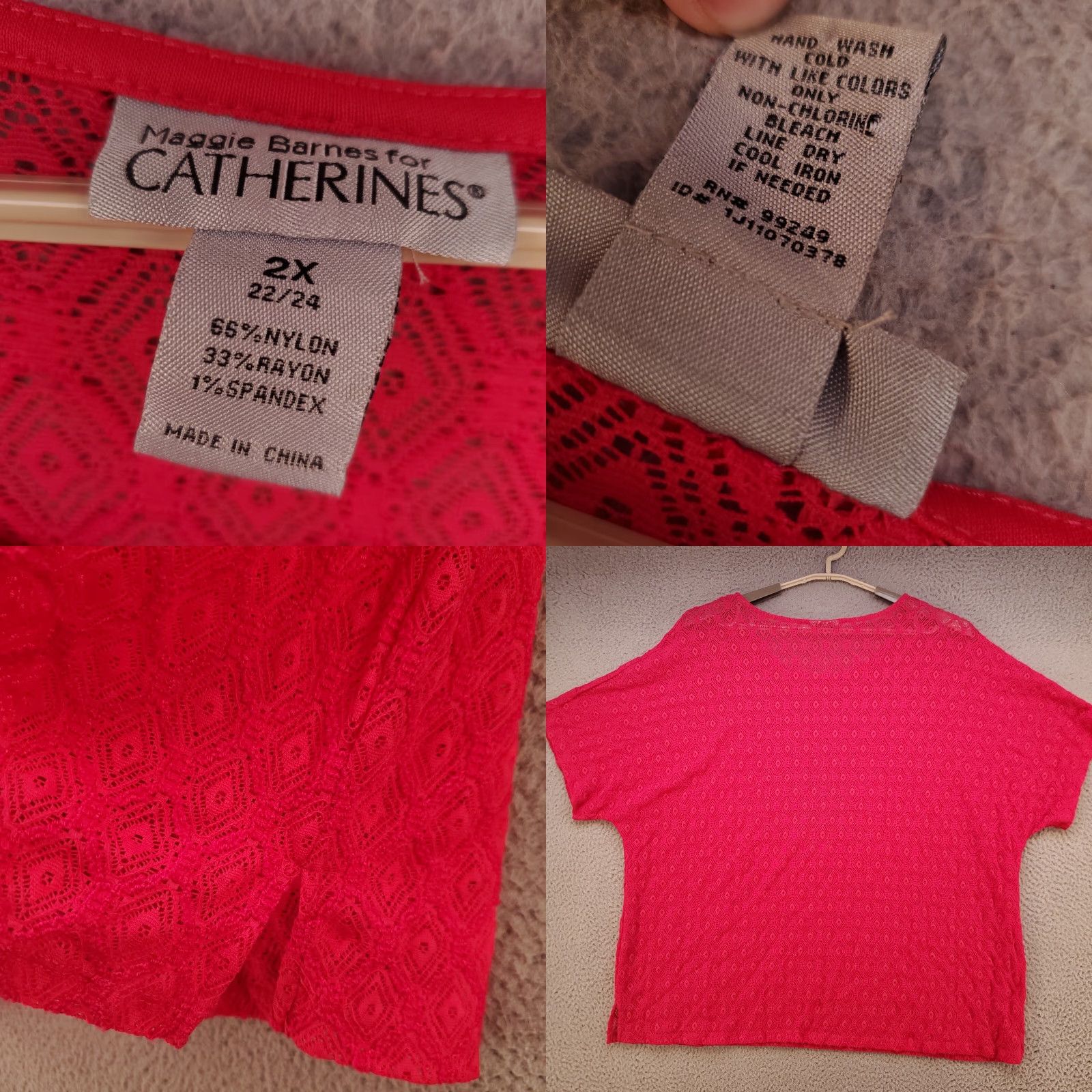 Vintage Catherines Maggie Barnes Blouse Top Women 2X Lace Sheer Crochet 22W 24W Pink Nylon Spandex Rayon Lace Crochet Accents Size XXL / US 16-18 / IT 52-54 - 8 Thumbnail