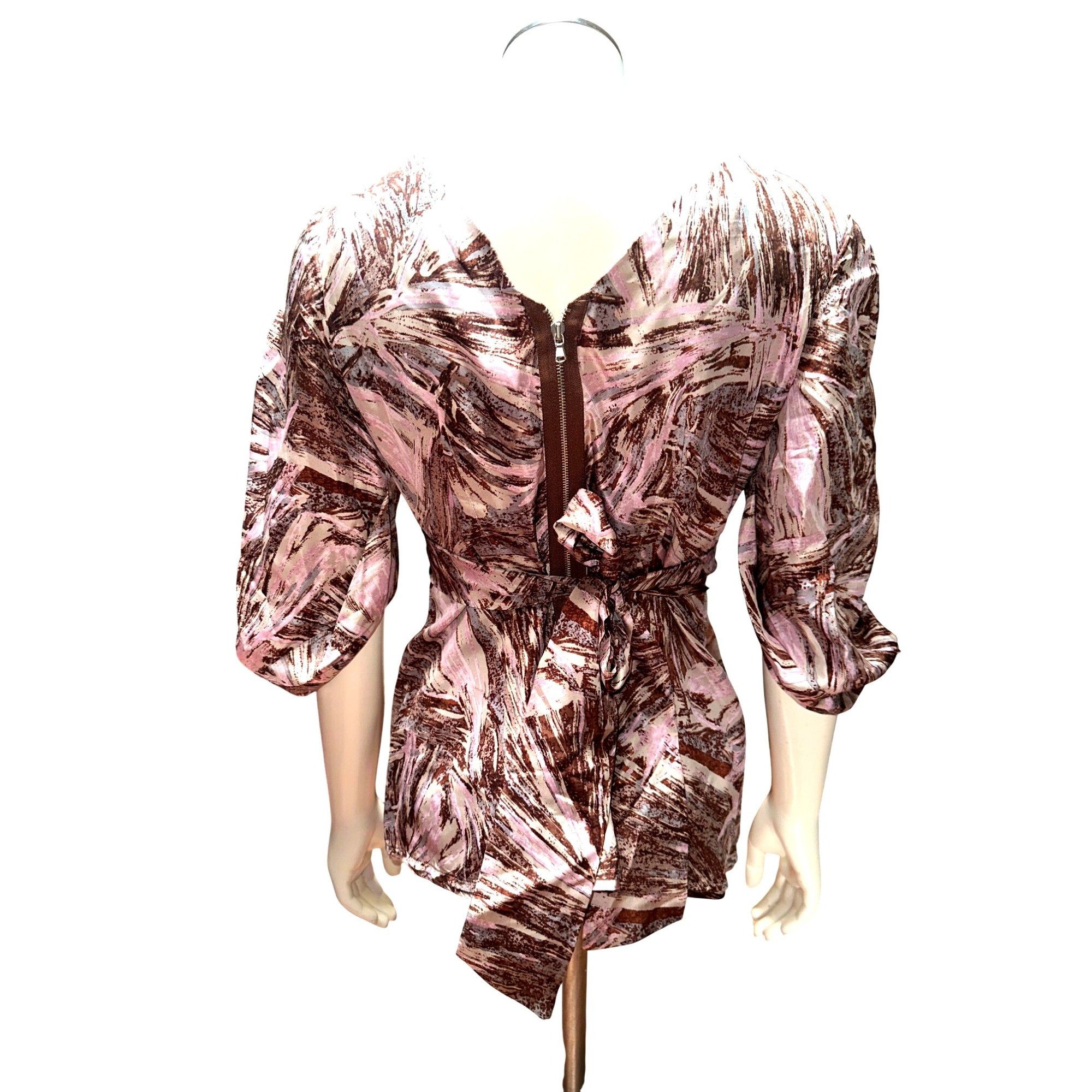 Bcbgmaxazria BCBG MaxAzria S Pink Brown Silk Blouse Abstract Print Draped Size S / US 4 / IT 40 - 5 Thumbnail