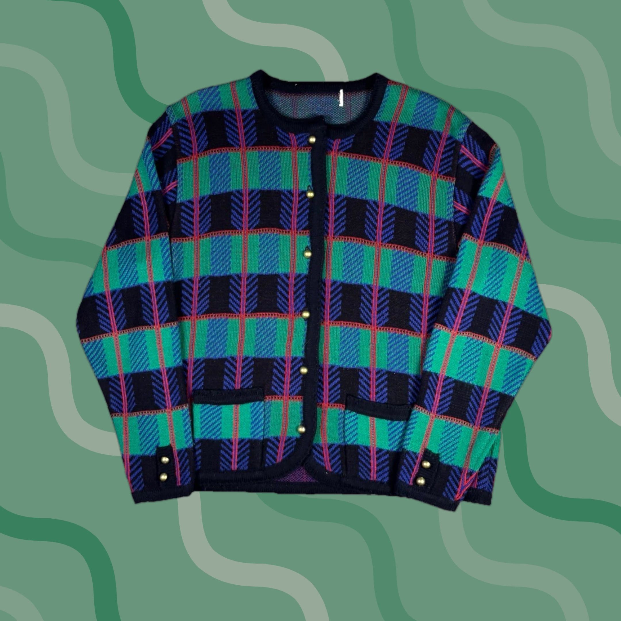 Vintage VINTAGE Women’s Cardigan Knit Sweater Green Abstract Striped Pattern size Small Size S / US 4 / IT 40 - 1 Thumbnail