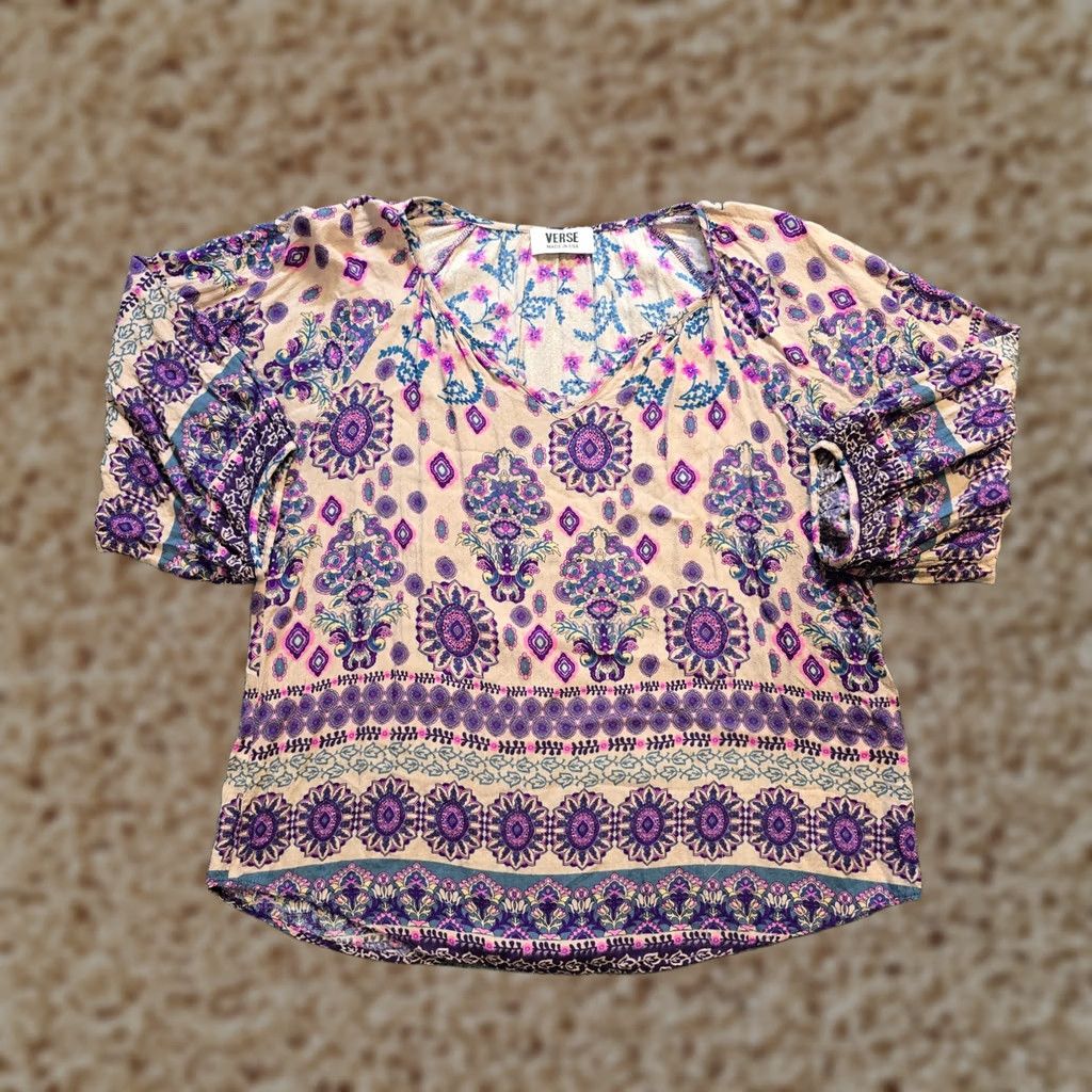 Vintage Verve Top Womens Medium Blouse V-Neck Geometric Peasant Hippie Casual Purple Beige M Size M / US 6-8 / IT 42-44 - 1 Thumbnail