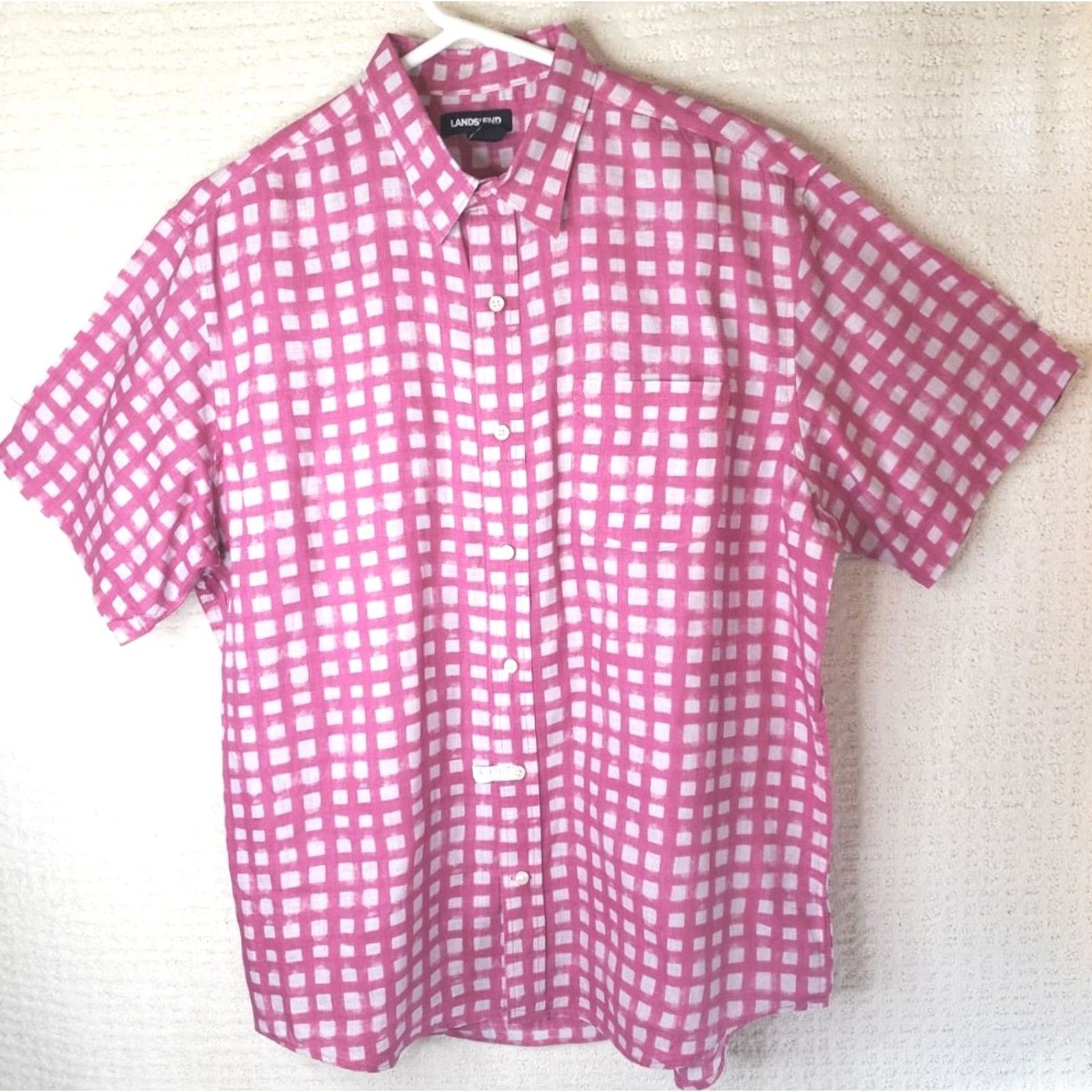 Lands' End Lands' End Linen Shirt Short Sleeve Button-Up Pink/White Check L Men’s Classic Fit 100% Linen breathable Casual Party/Cocktail Travel Size US L / EU 52-54 / 3 - 2 Thumbnail