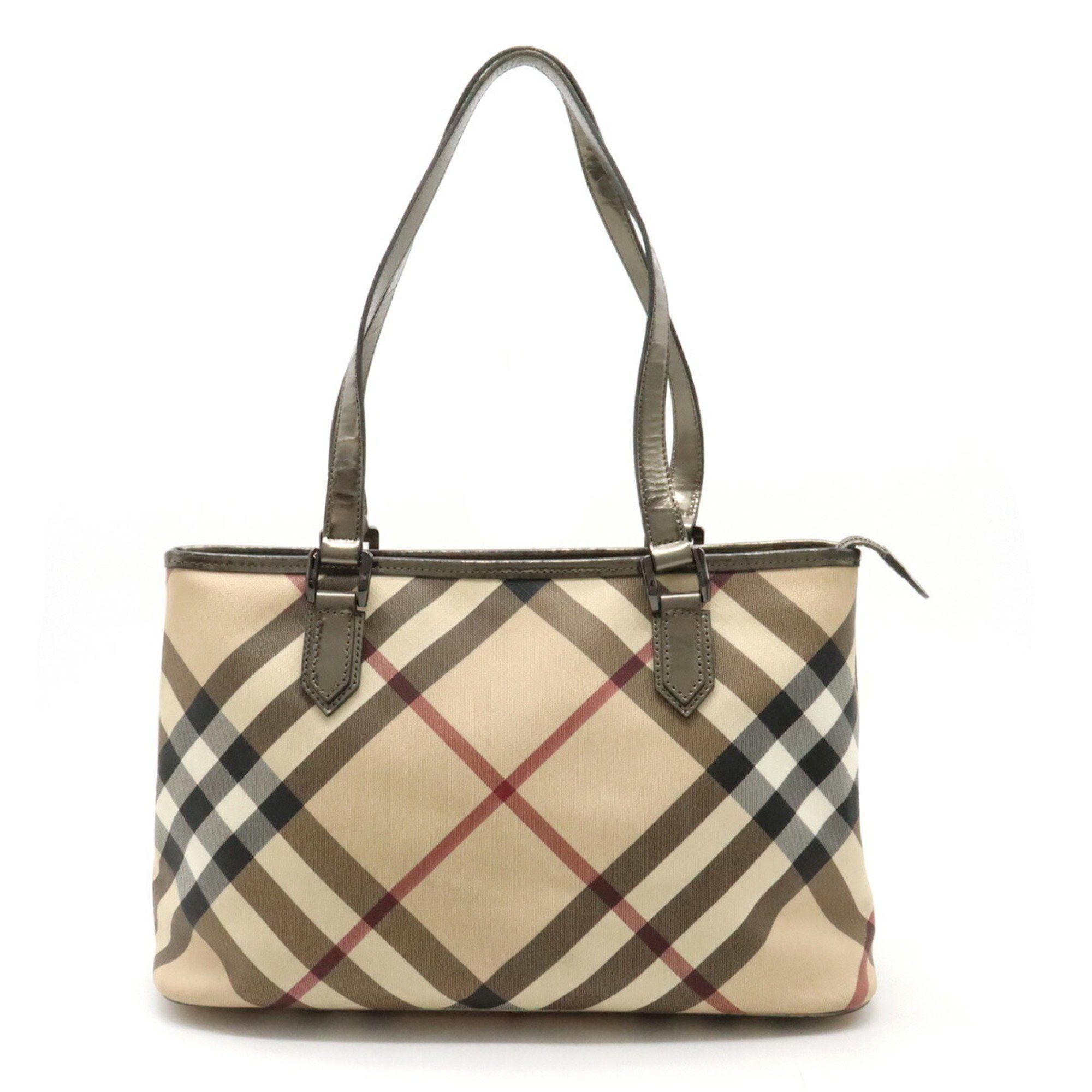 image of Burberry Nova Check Pattern Tote Bag Shoulder Pvc Metallic Leather Beige Khaki Gold, Women's