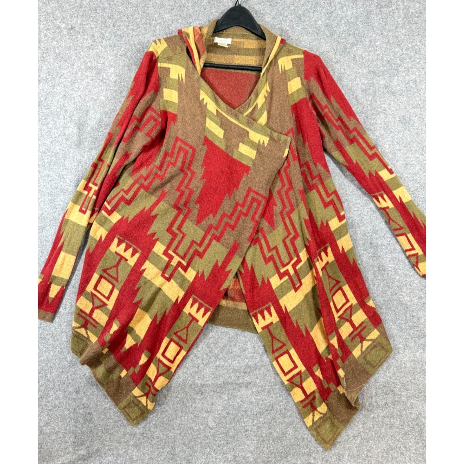 Vintage Tasha Polizzi Sweater Womens S Red Green Aztec Hooded Open Front Cardigan Size S / US 4 / IT 40 - 2 Thumbnail