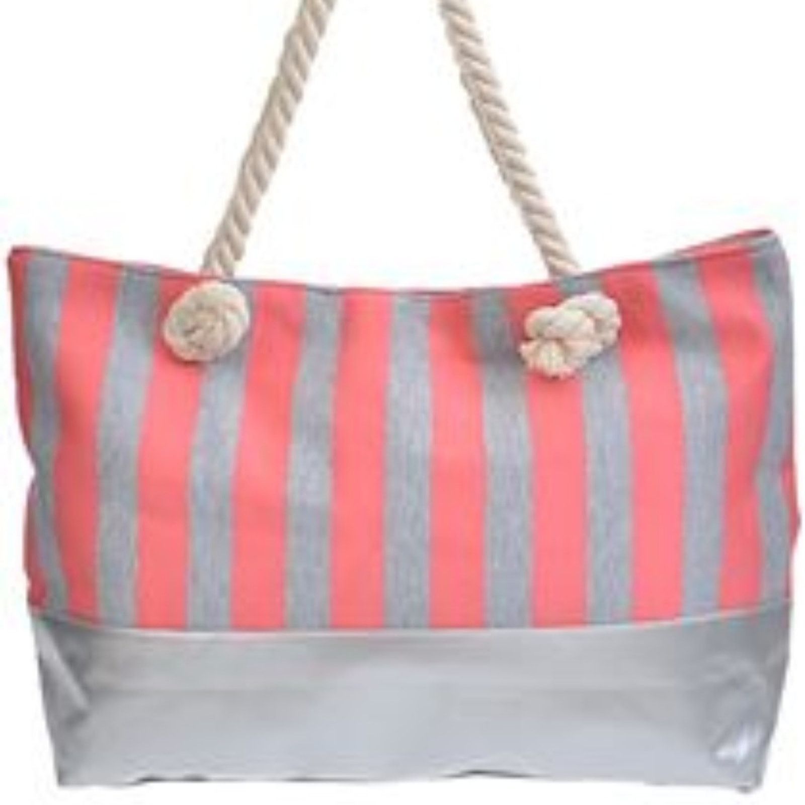 Other NEW Coral Pink Silver Stripe Rope Handle Pool Beach Tote Bag Size ONE SIZE - 1 Preview