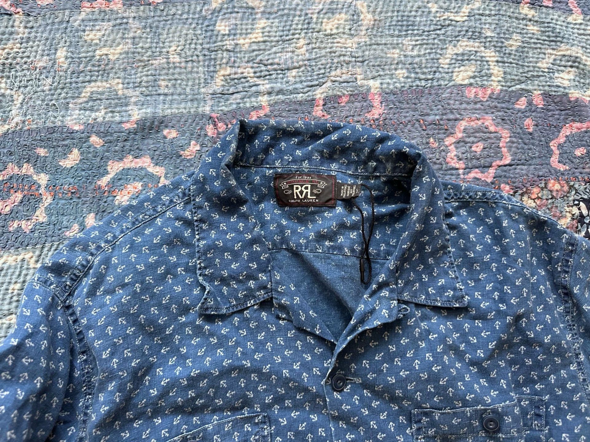 RRL Ralph Lauren RRL Indigo Dyed Anchor Distressed Linen-Cotton Shirt Size US L / EU 52-54 / 3 - 3 Thumbnail