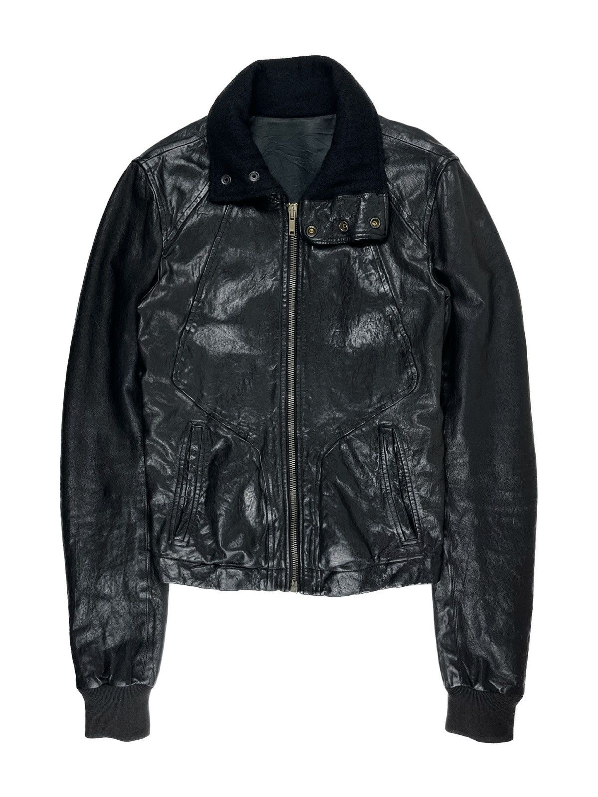 image of Fw08 Rick Owens Stag Hammered Lamb Highneck Leather Jacket in Black, Men's (Size XS)