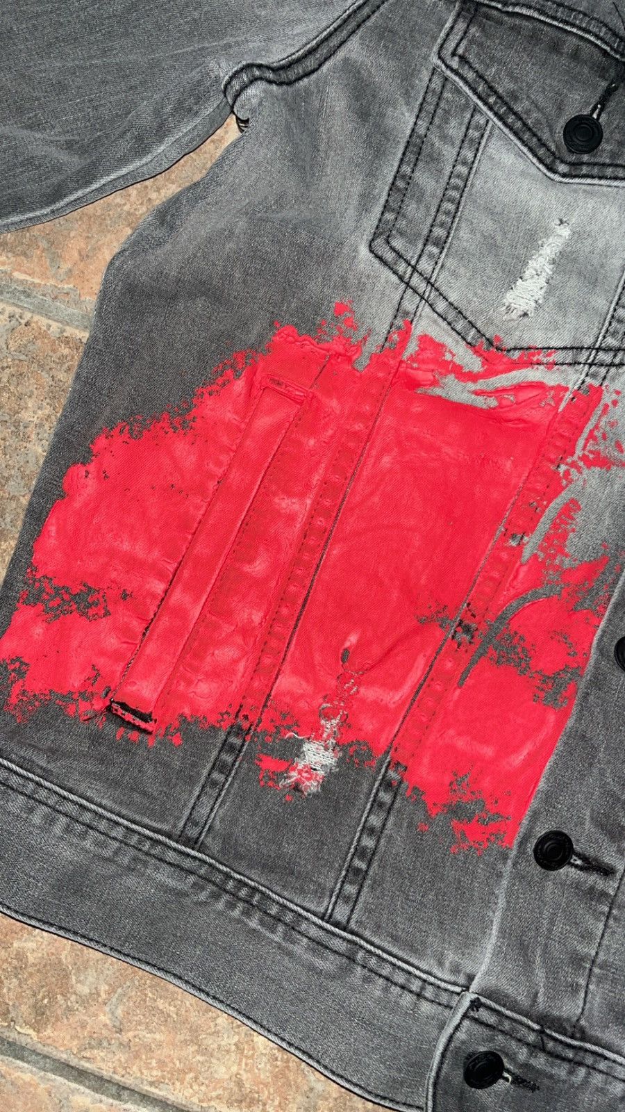 Designer Distressed denim jacket with skulls and red splatter design Size US XL / EU 56 / 4 - 5 Thumbnail