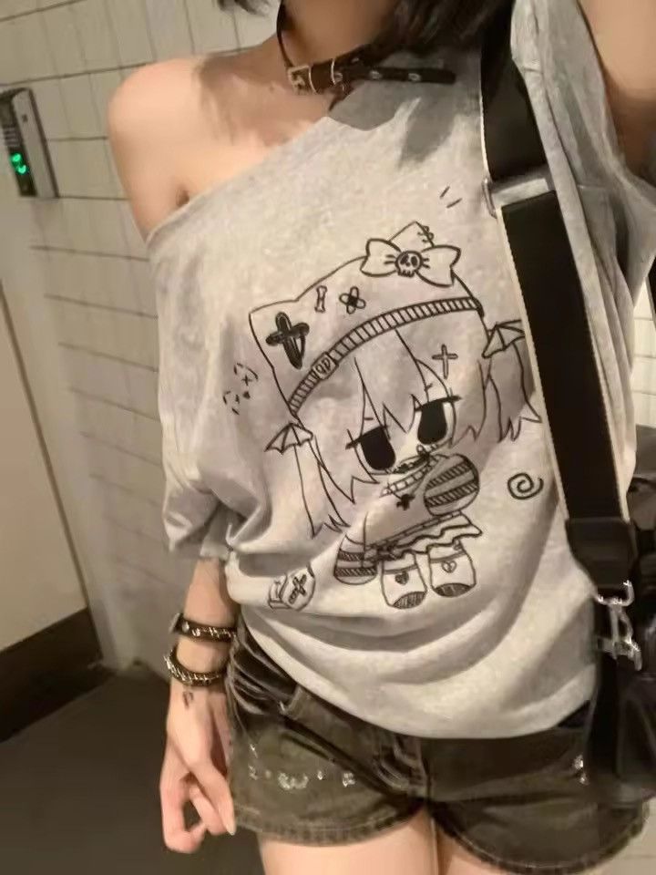 Japanese Brand Y2K Harajuku Anime Graphic Tee | One-Shoulder Oversized Top Size S / US 4 / IT 40 - 1 Thumbnail