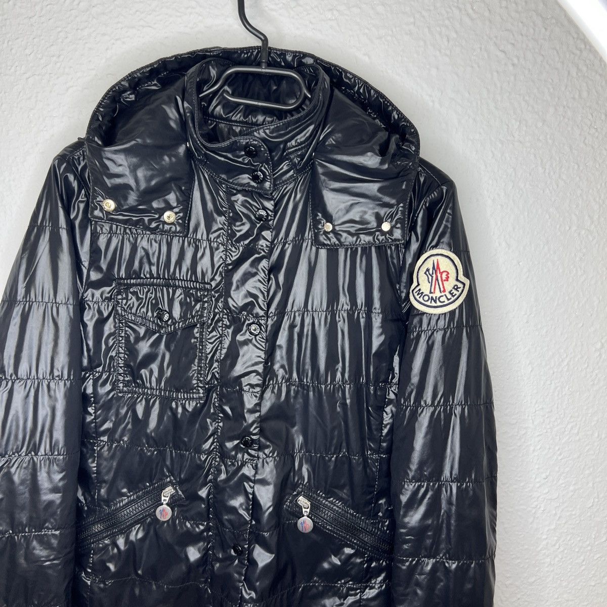 Moncler Shiny Nylon Black Jacket Big Badge Patch Logo