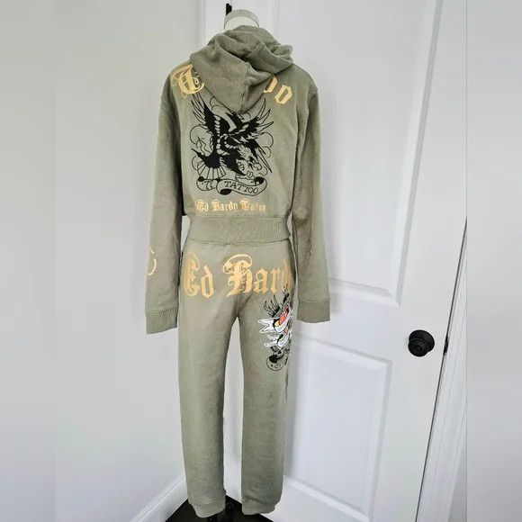 Ed Hardy Broken Hearts Sage Sweatsuit Coord Set Lounge Retro Y2K Size ONE SIZE - 11 Thumbnail
